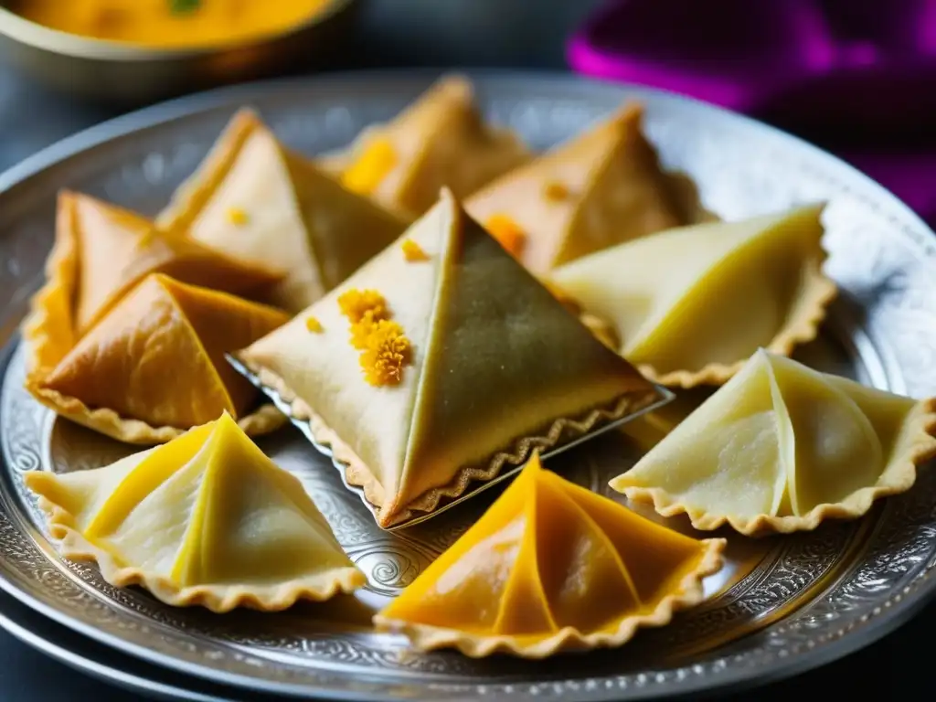 Detalle exquisito de plato de plata con comidas reales historia India: korma, curry y samosa