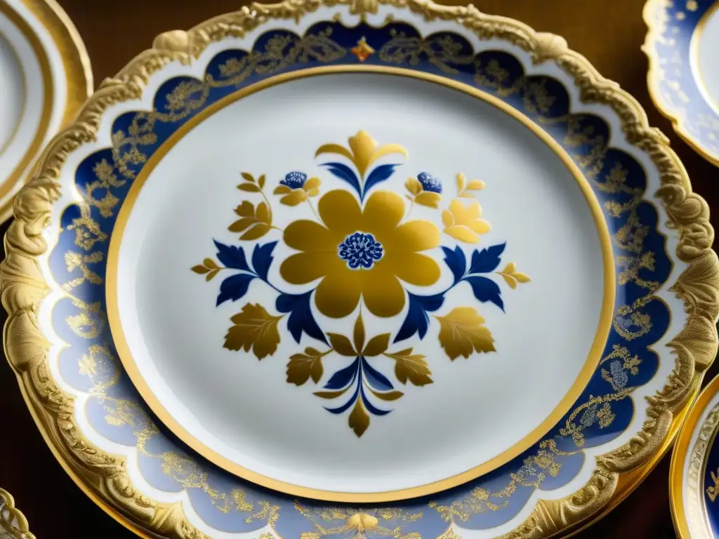 Detalle de un exquisito plato de porcelana del siglo XVIII con motivos florales y emblemas reales