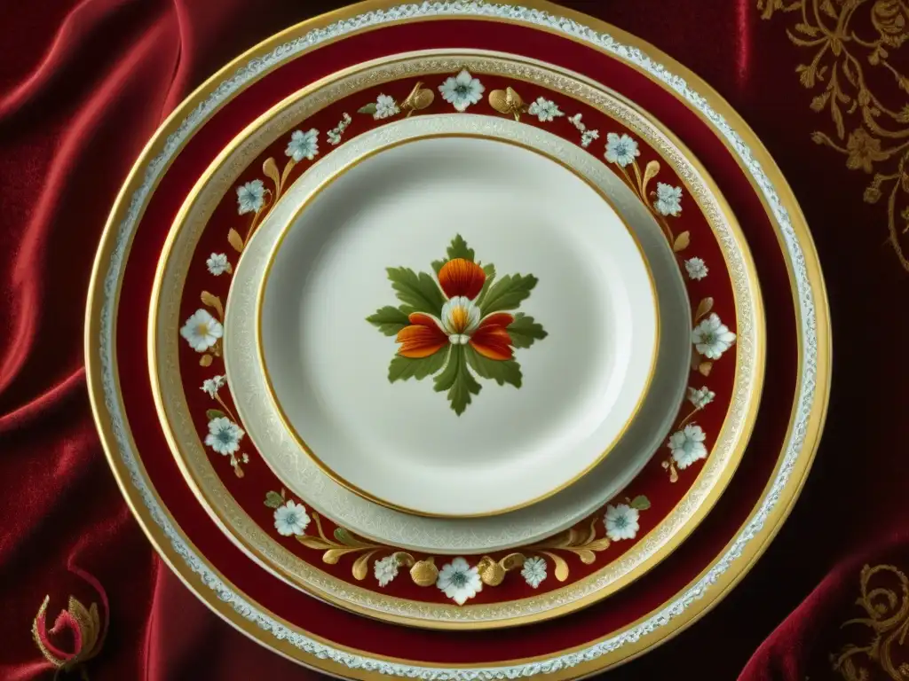 Detalle exquisito de plato de porcelana dorada del siglo XVIII en mesa de terciopelo rojo, destellos de luz resaltan su belleza