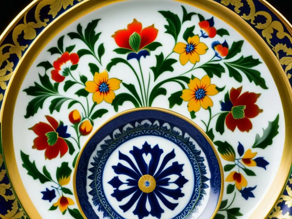 Detalle exquisito de un plato de porcelana del siglo XVII, decorado con filigranas doradas y patrones florales vibrantes