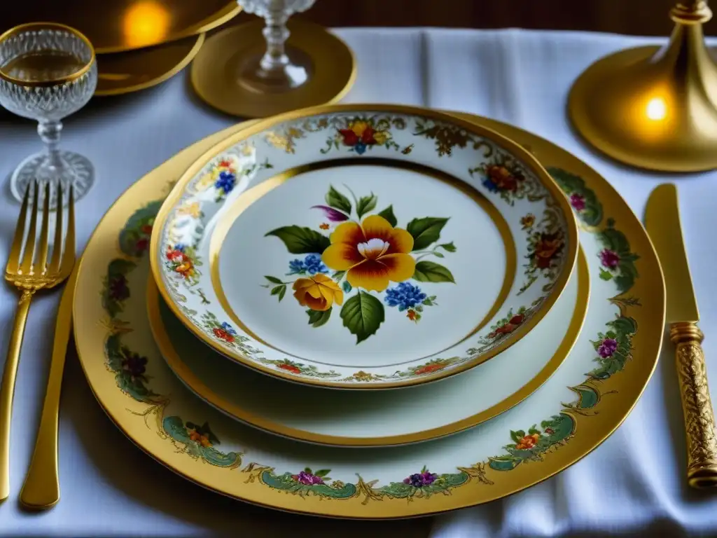 Detalle exquisito de plato de porcelana pintado a mano del Renacimiento en mesa lujosa