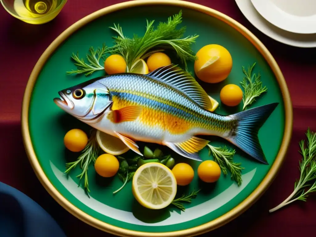 Detalle exquisito del plato renacentista de pescado, resaltando la importancia del pescado en el Renacimiento culinario