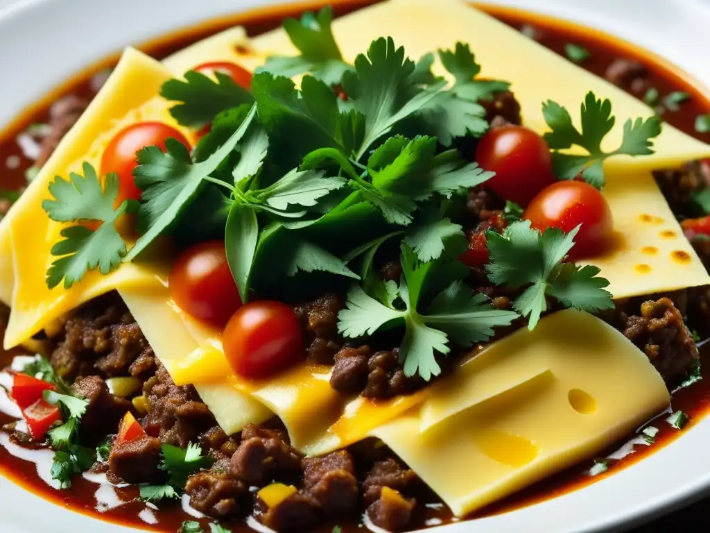 Detalle exquisito de plato TexMex: chili con carne, queso fundido, tomate y cilantro