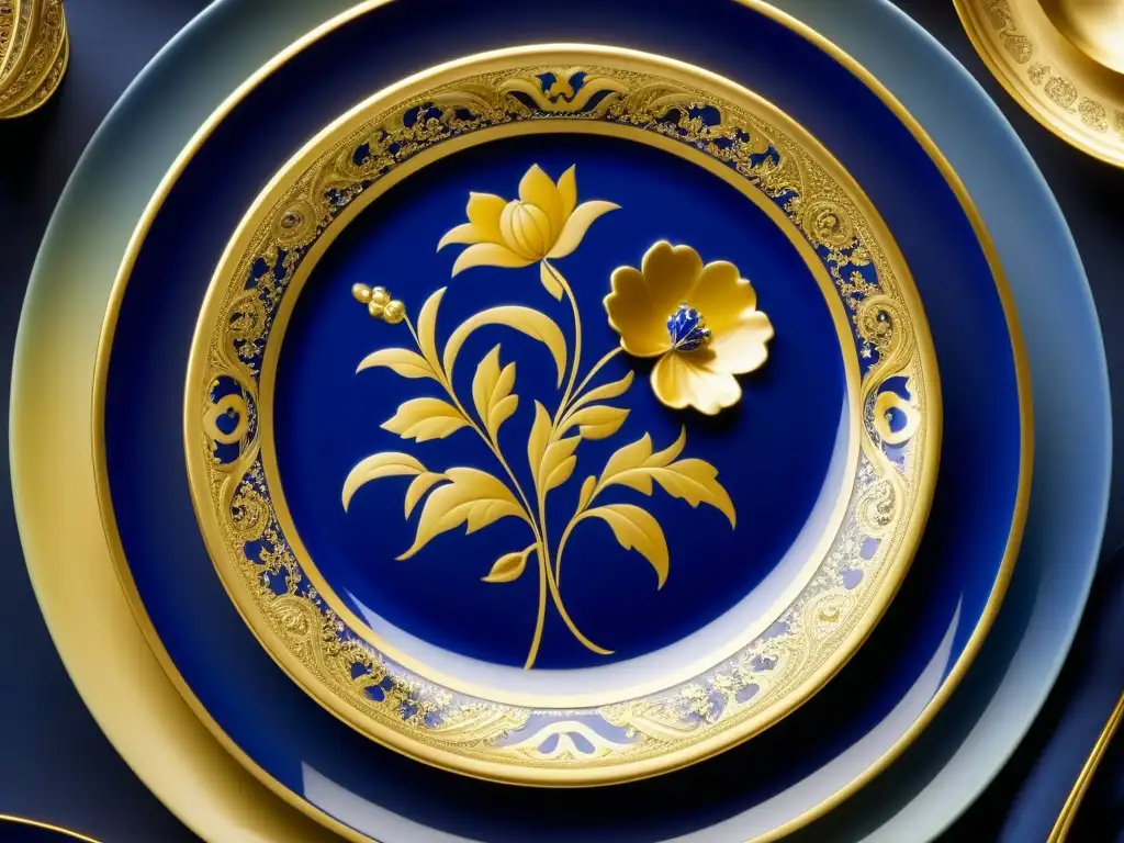 Detalle exquisito de una Porcelana de Sévres con motivos florales en azul y dorado, destacando la relevancia cultural