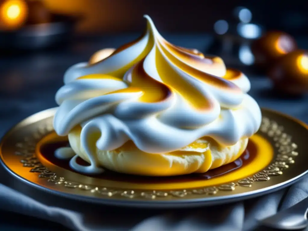 Detalle exquisito de un postre Baked Alaska dorado, resaltando la meringa y la caramelización, en una bandeja de plata vintage