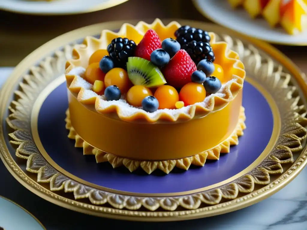 Detalle exquisito de un postre francés barroco con capas de pastelería, esculturas de azúcar y frutas vibrantes en un plato dorado