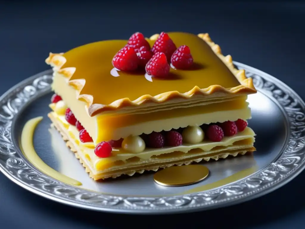 Detalle exquisito de un postre francés barroco: Puits d'Amour con hojaldre, crema de vainilla y frambuesas