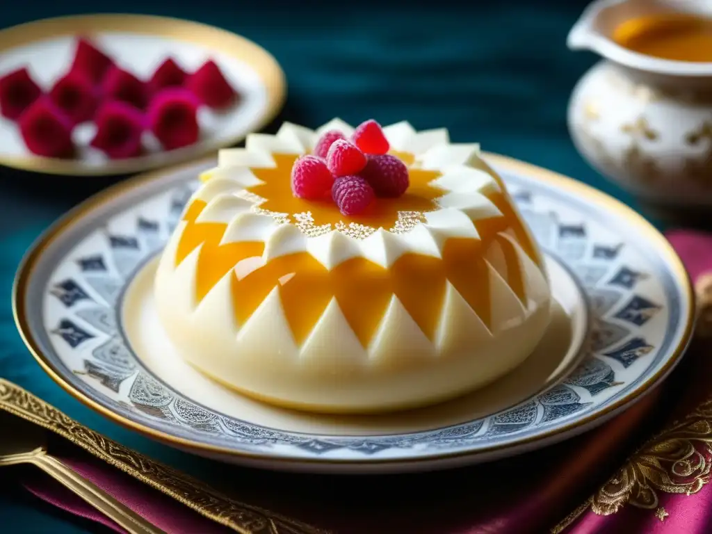 Detalle exquisito de postre otomano Muhalabiya con textura cremosa y adorno de agua de rosas en plato cerámico turco