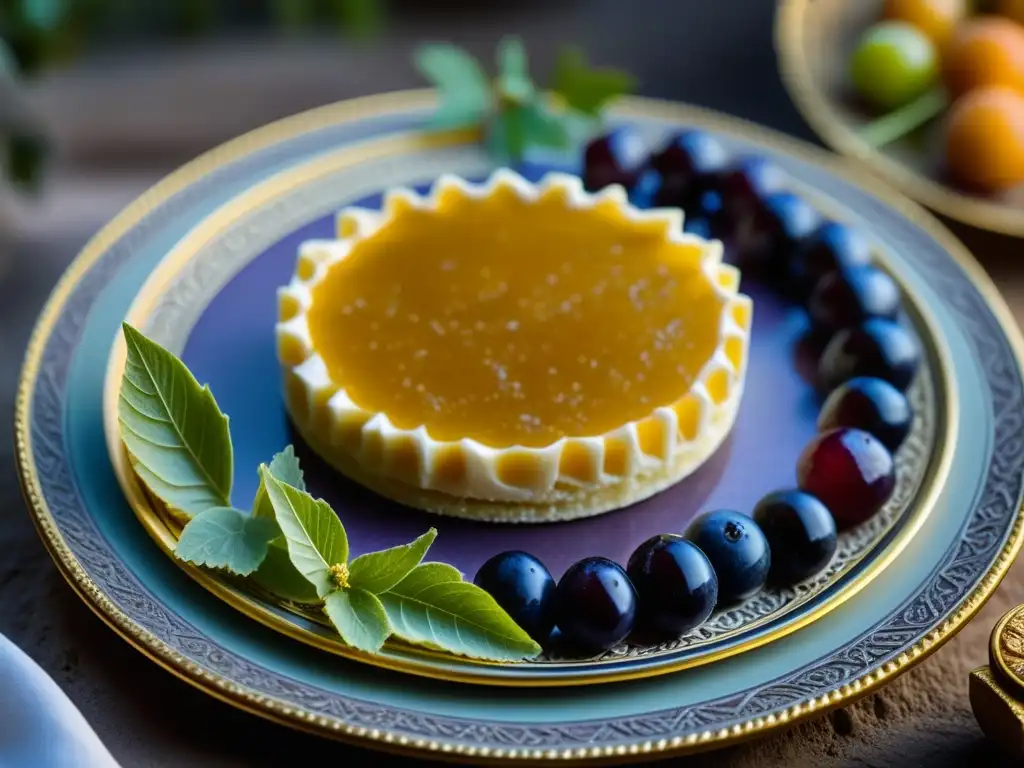 Detalle exquisito de postre romano antiguo en plato decorado, rodeado de viñedos y esculturas romanas