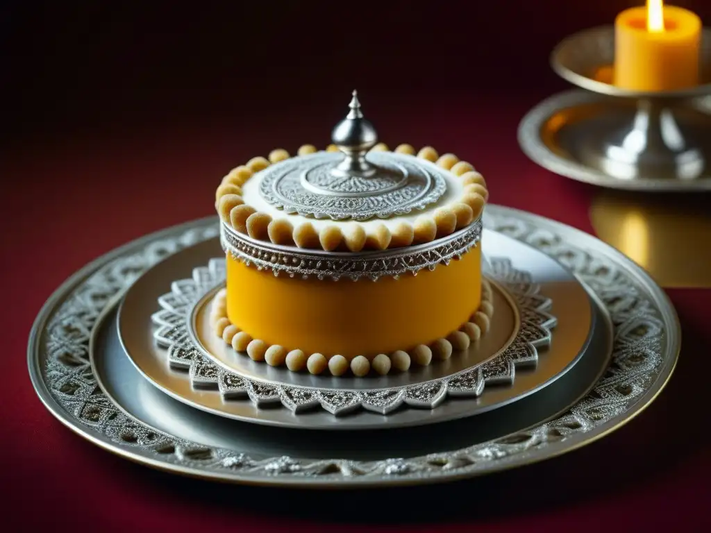 Detalle exquisito de postres históricos cruzadas culturas en plato de plata antiguo