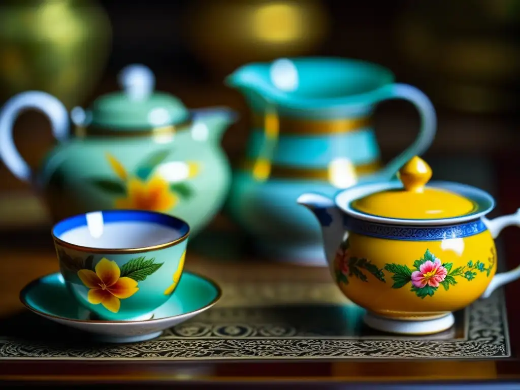 Detalle exquisito del set de té birmano, con patrones florales vibrantes