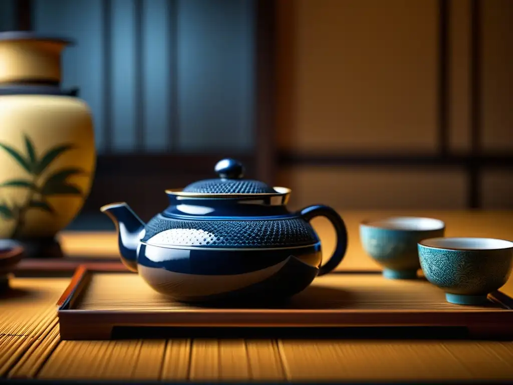 Detalle exquisito de un set de ceremonia de té japonés, evocando la refinada era samurái