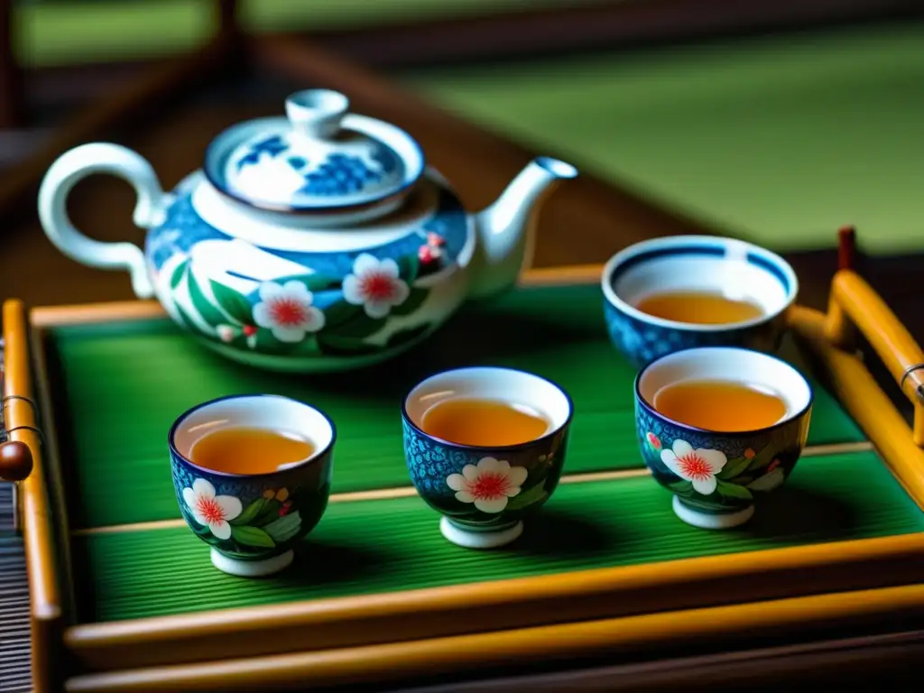 Detalle exquisito de un set de té chino, resaltando la importancia cultural del café té Ruta Seda