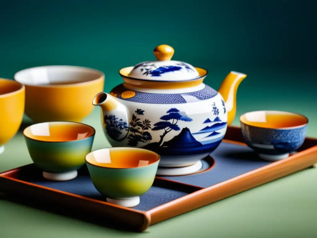 Detalle exquisito de un set de té japonés tradicional, con diseños pintados a mano en porcelana delicada