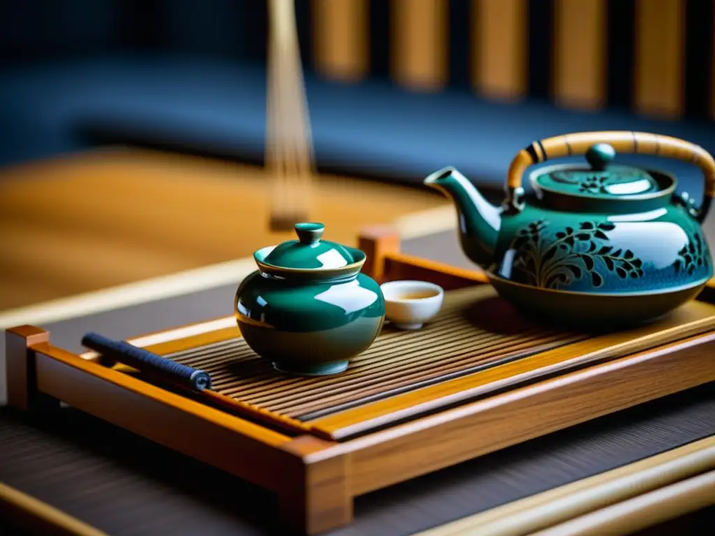 Detalle exquisito de un set de té japonés en la era samurái: patrones, brochazos y hojas de té vibrantes en una bandeja de madera