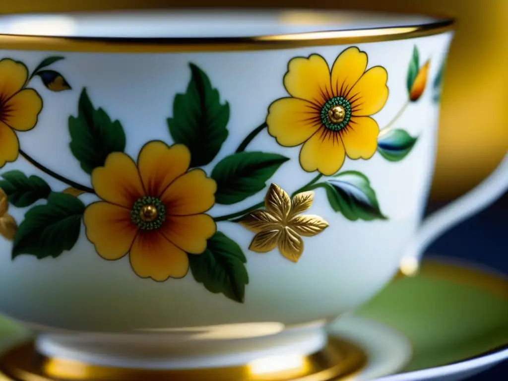 Detalle exquisito de una taza de porcelana antigua pintada a mano, resaltando patrones florales y detalles en oro