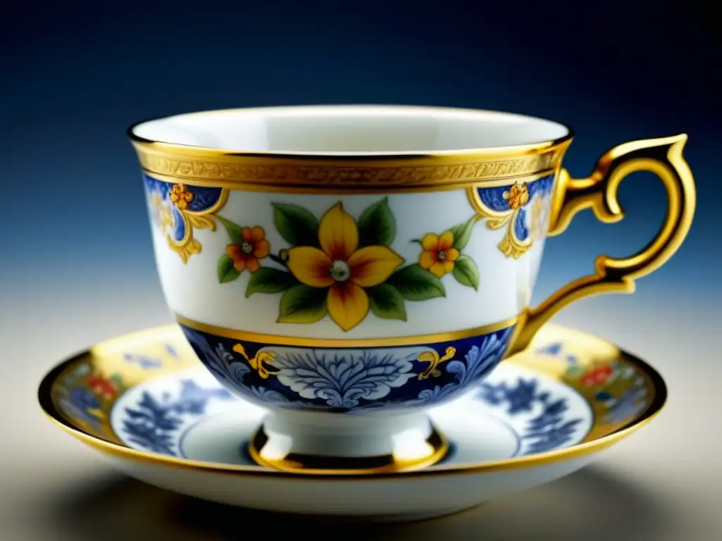 Detalle exquisito de una taza de porcelana antigua pintada a mano del siglo XVIII, con patrones florales y detalles en oro