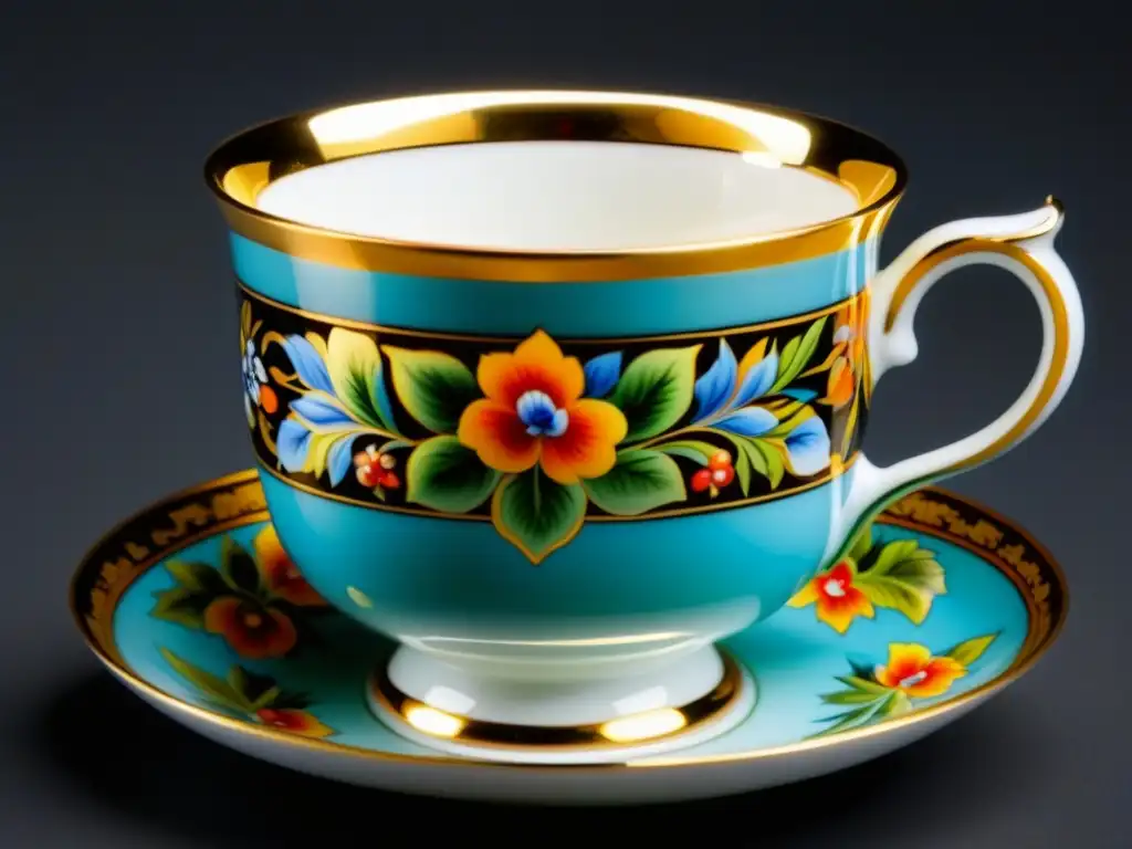 Detalle exquisito de una taza de porcelana antigua rusa, con patrones florales pintados a mano y detalles dorados