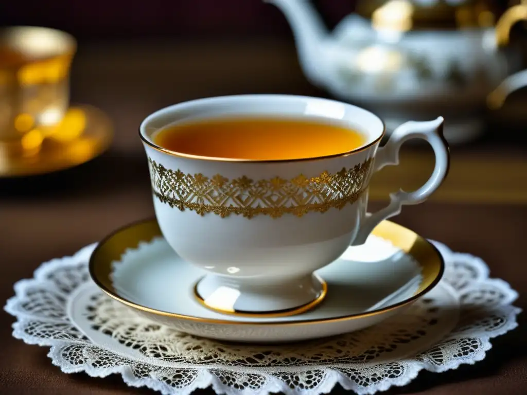 Detalle exquisito de una taza de porcelana de la era napoleónica en un ambiente elegante de la Cultura del té en Europa