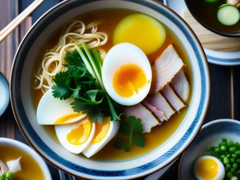 Detalle exquisito de un tazón de ramen japonés tradicional, resaltando capas de ingredientes