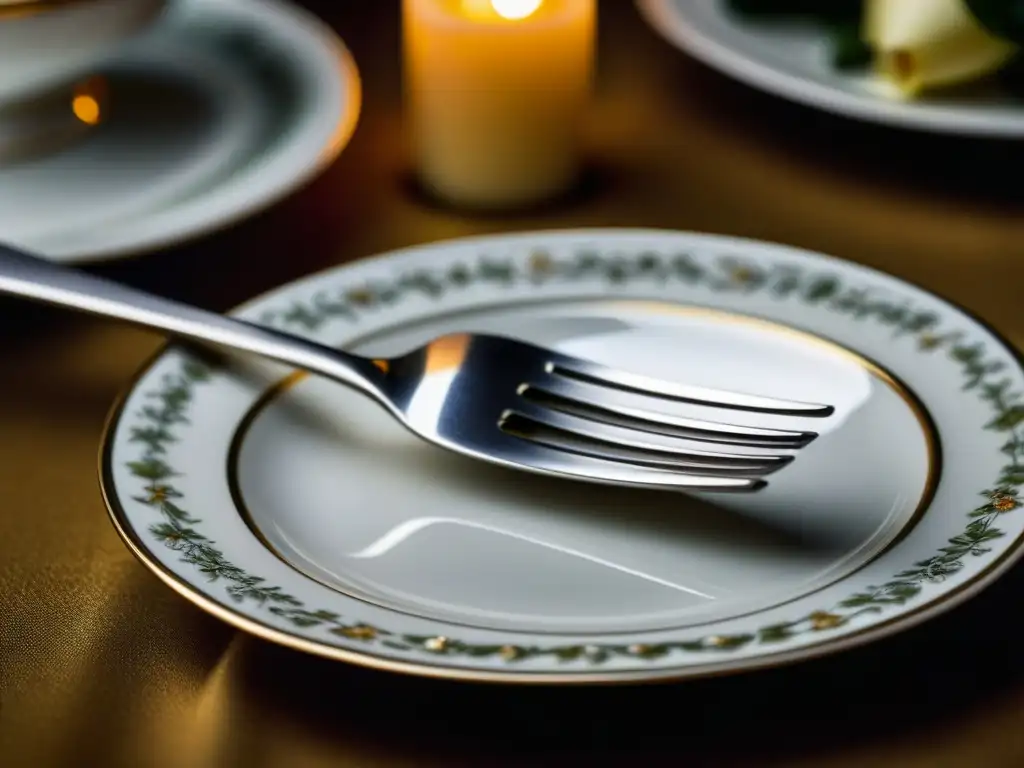 Detalle exquisito: Tenedor de plata sobre plato de porcelana, muestra patrones florales típicos de la etiqueta mesa colonial siglo XVIII