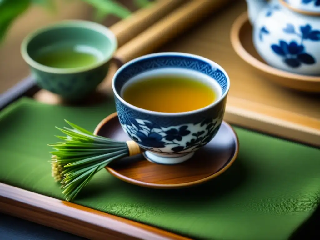 Exquisita ceremonia del té japonés con genmaicha Detalle exquisito de tetera japonesa con té genmaicha, hojas de té verde y arroz tostado