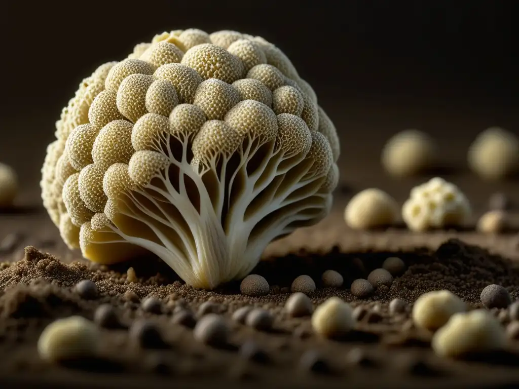 Detalle exquisito de una trufa blanca recién desenterrada, iluminada por la suave luz natural