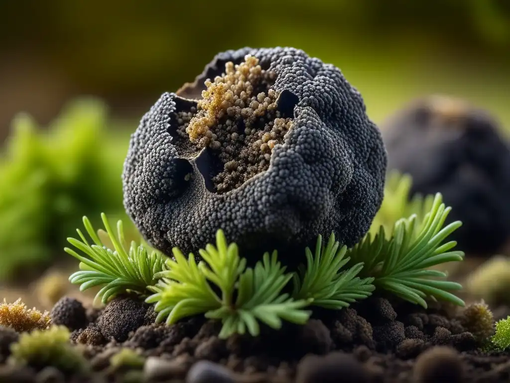 Detalle exquisito de trufa negra recién desenterrada en musgo, destacando su textura y aroma