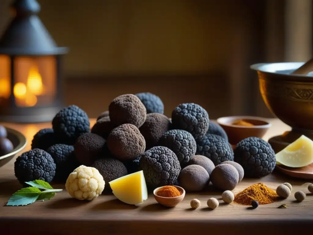 Detalle exquisito de trufas en la cocina medieval, con ingredientes y utensilios antiguos