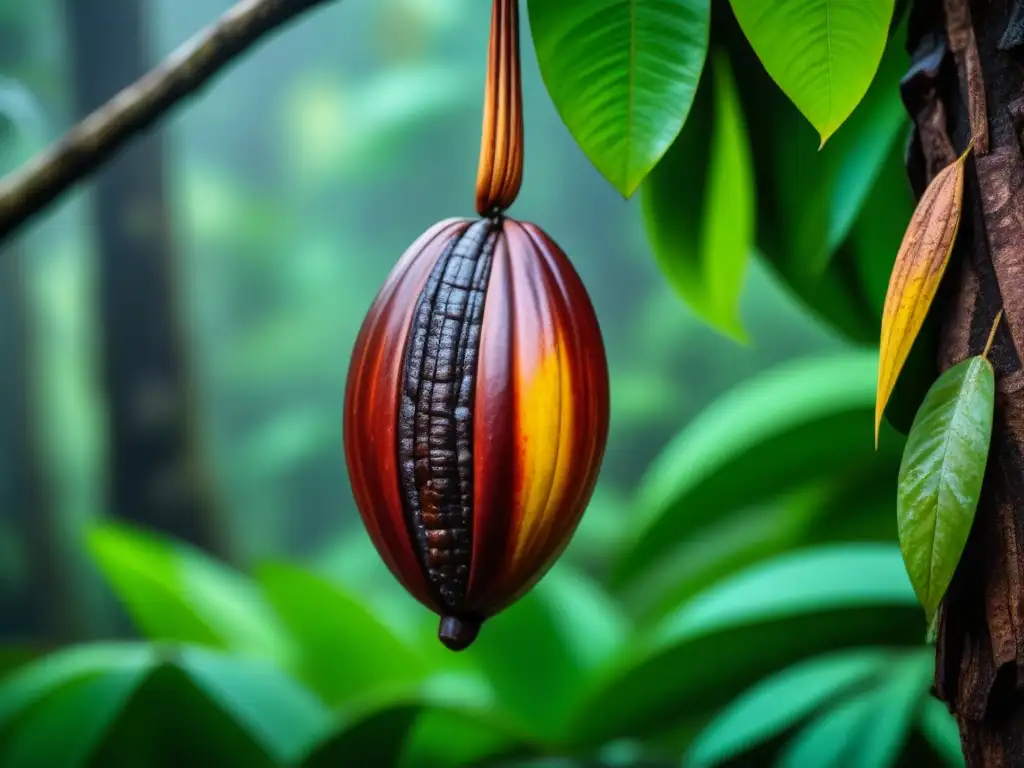 Detalle exquisito de una vaina de cacao en la selva amazónica