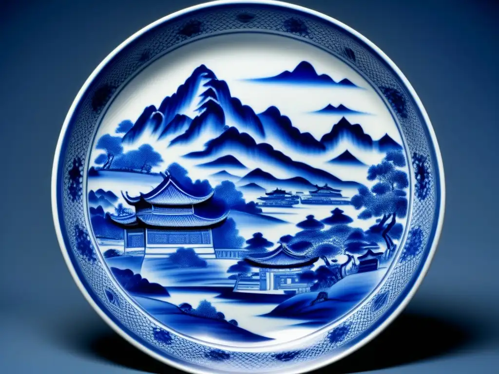 Plato de porcelana de la dinastía Ming: paisajes chinos pintados a mano Detalle exquisito de una vajilla de porcelana Ming, con paisajes chinos pintados a mano en azul y blanco