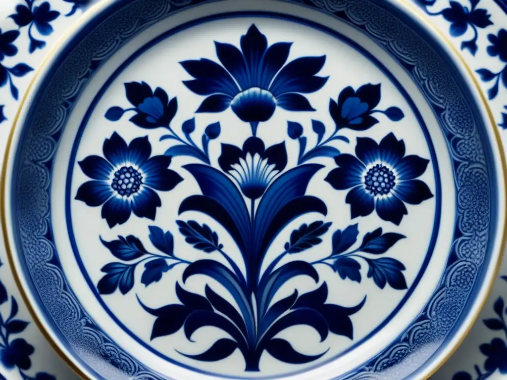 Exquisito diseño floral en porcelana de la dinastía Ming Detalle exquisito de vajilla de porcelana Ming, resaltando patrones florales azules y blancos