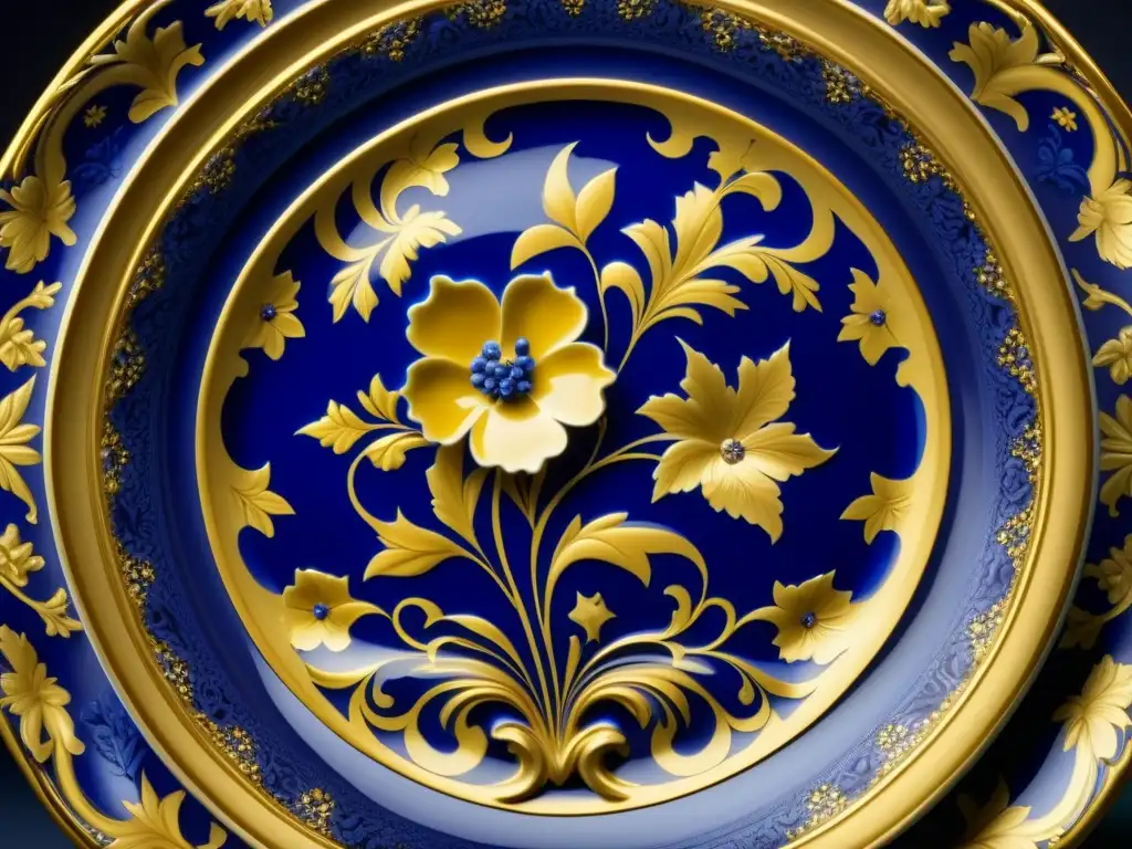 Detalle exquisito de una vajilla de porcelana barroca francesa, con patrones florales en tonos azul cobalto y detalles en oro