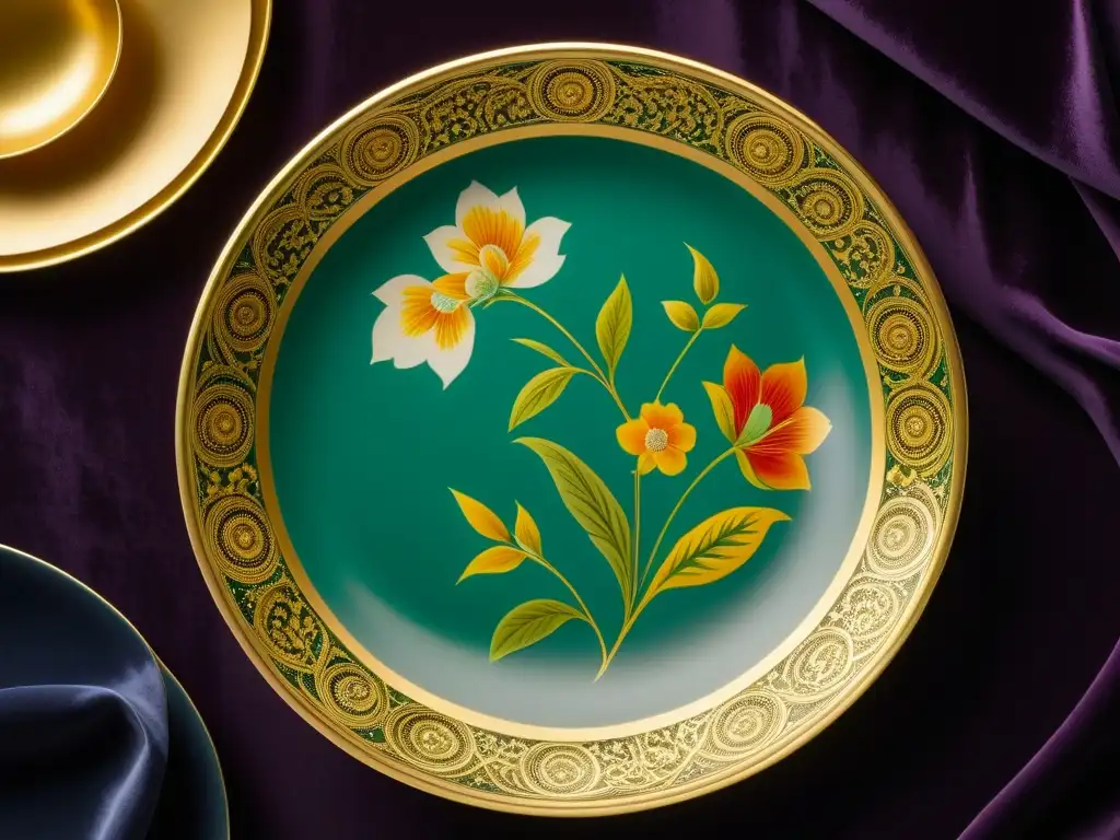 Plato de porcelana Zares: Detalles florales pintados a mano Detalle exquisito de una vajilla de los Zares: Historia y arte, con patrones florales pintados a mano y detalles en oro sobre un fondo de terciopelo oscuro
