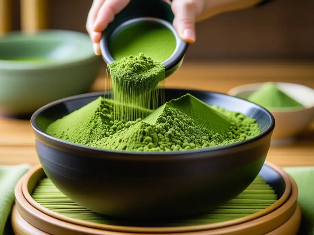 Detalle exquisito de té verde matcha cayendo en cuenco cerámico durante ceremonia japonesa, resaltando su calidad