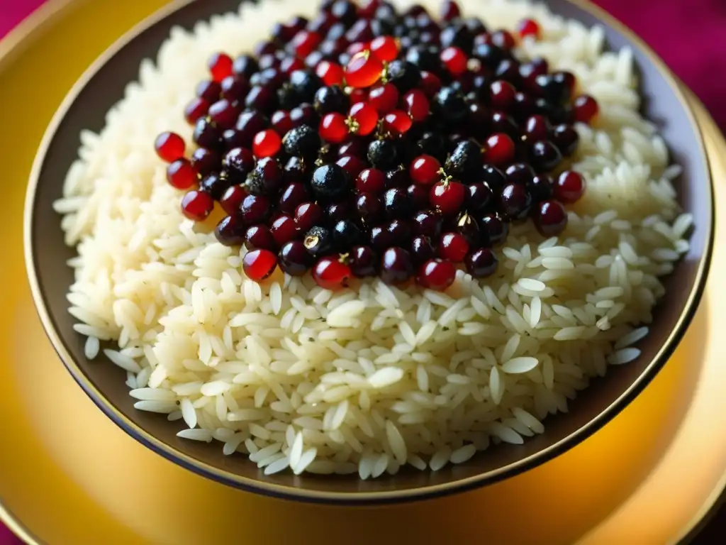 Detalle exquisito del Zereshk Polo persa, arroz con arándanos joya rojos sobre grano dorado