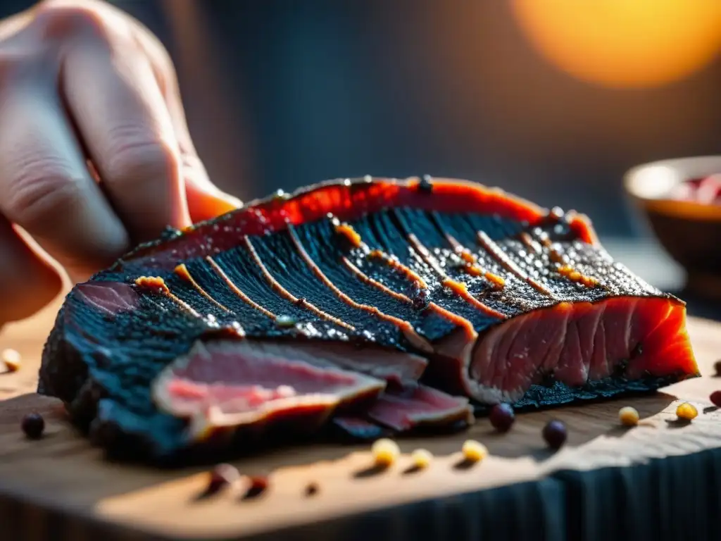 Detalle extremo de corte de carne cruda para biltong