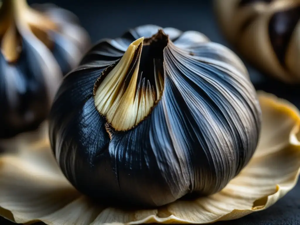 Detalle extremo de un diente de ajo negro fermentado, revelando su piel arrugada y tonos caramelo