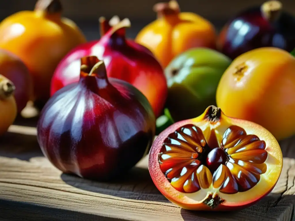 Detalle extremo de frutas Abásidas exóticas y vibrantes como granadas, dátiles, higos y albaricoques en una mesa rústica