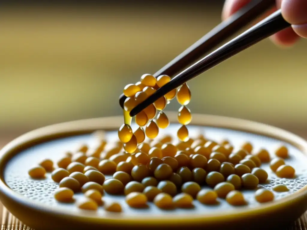 Detalle extremo de un natto pegajoso levantado con palillos, mostrando sus beneficios del consumo de natto