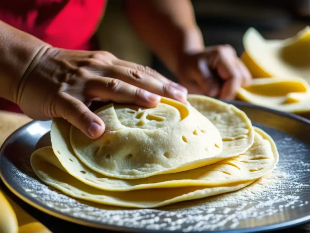 Detalle extremo de tortillas recién hechas en cocina hispánica, mostrando la revolución del maíz en la gastronomía histórica