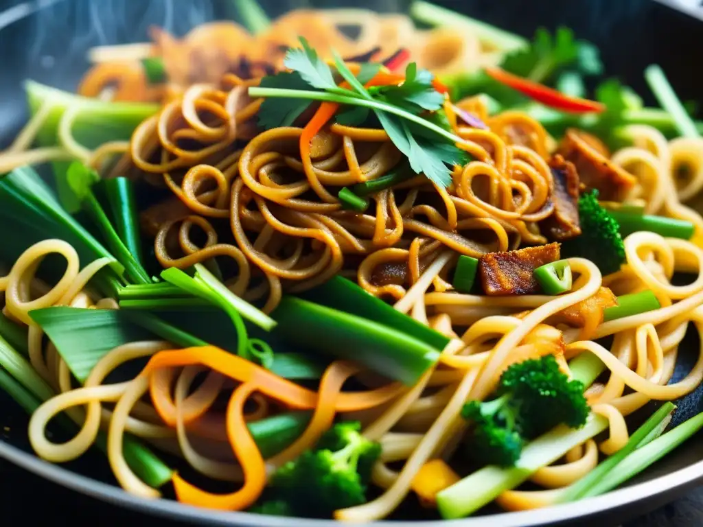 Detalle extremo de un wok caliente con Mee Goreng, vegetales vibrantes y condimentos picantes, capturando la evolución del Mee Goreng cultural