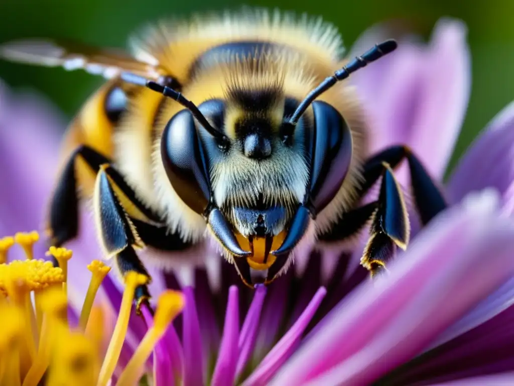 Detalle fascinante de una abeja recolectando néctar en una flor, resaltando la relación simbiótica entre abejas y flores