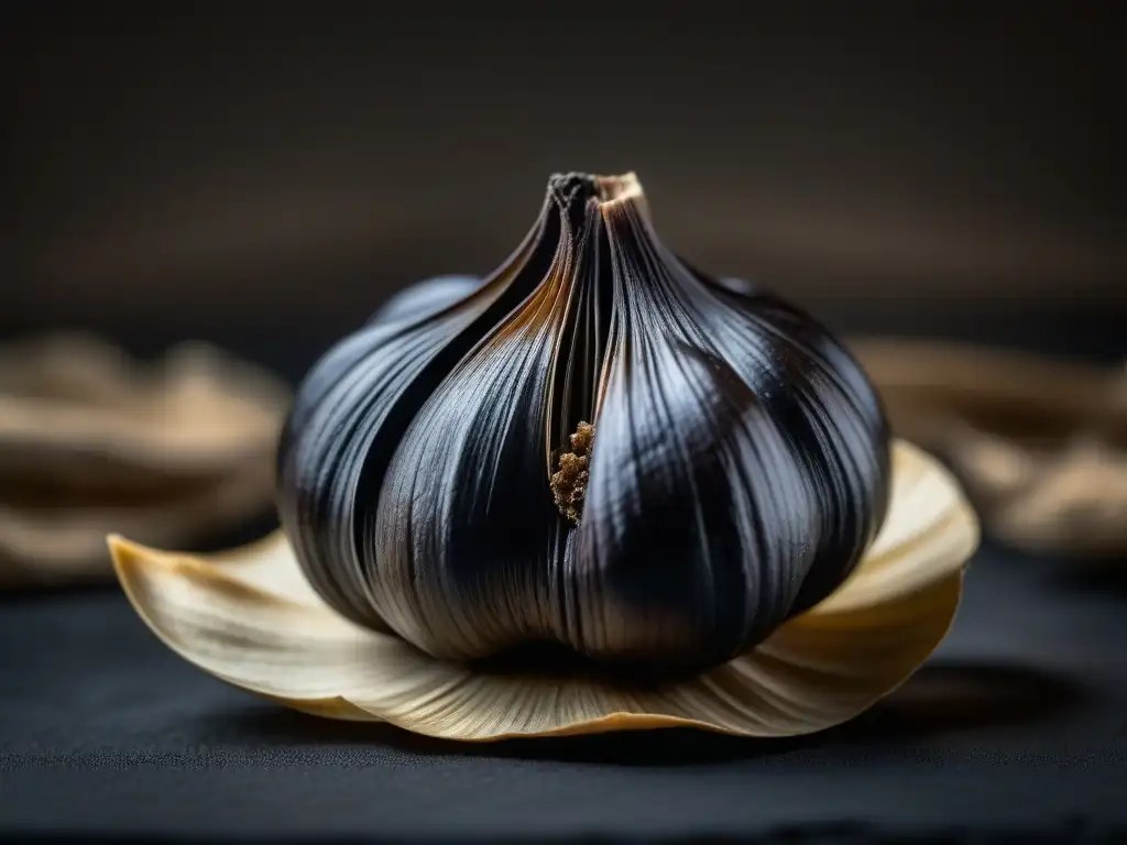 Detalle fascinante de ajo negro, resaltando sus capas y brillo
