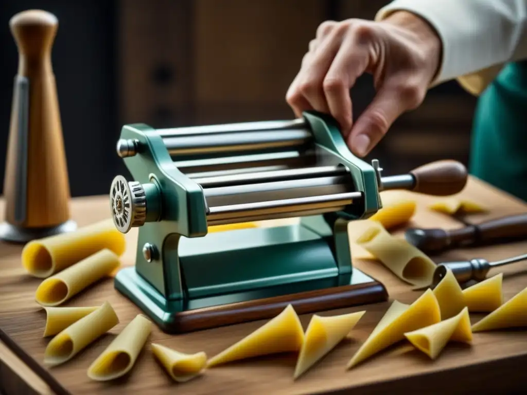 Detalle fascinante de una antigua máquina de pasta manual, fusionando tradición e innovación en gadgets de cocina