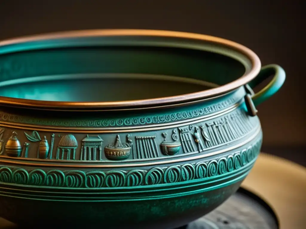 Detalle fascinante de antigua olla romana de bronce con grabados culinarios y asas elaboradas