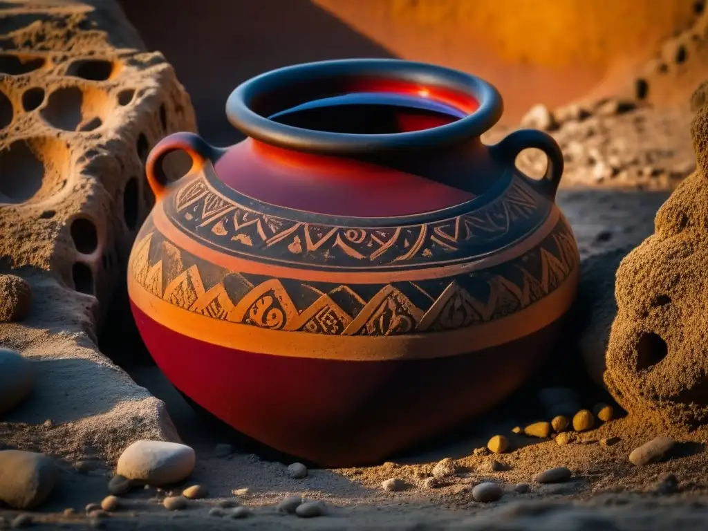 Detalle fascinante de antiguas ánforas de barro con vino rojo, resaltando propiedades antioxidantes del vino