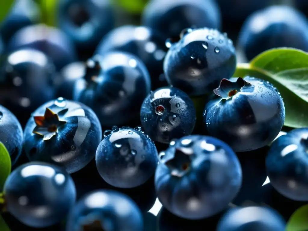 Detalle fascinante de arándanos azules brillantes con gotas de agua, resaltando su antioxidante en alimentos históricos