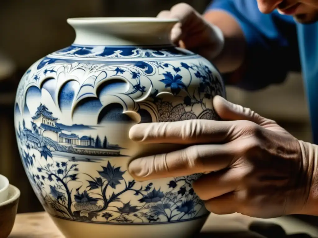 Restauración artesanal de porcelana antigua: precisión y belleza Detalle fascinante de artesano restaurando con precisión una antigua vasija de porcelana, fusionando historia y arte