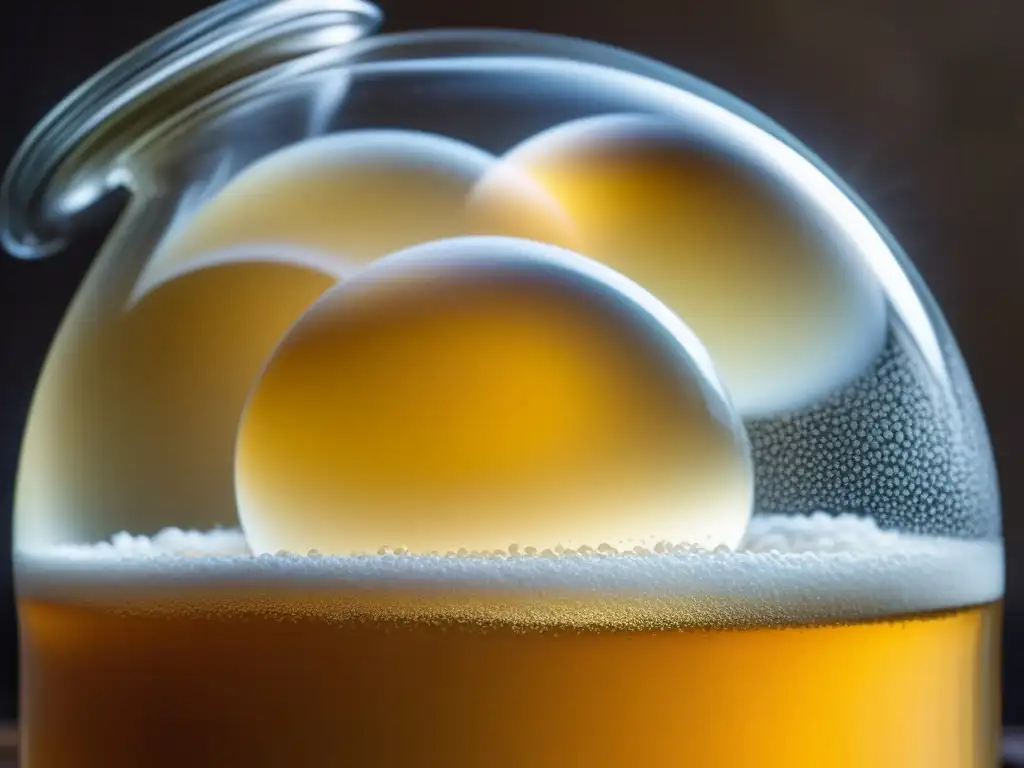 Detalle fascinante de burbujas en kombucha casera, reflejando la fermentación en casa para principiantes